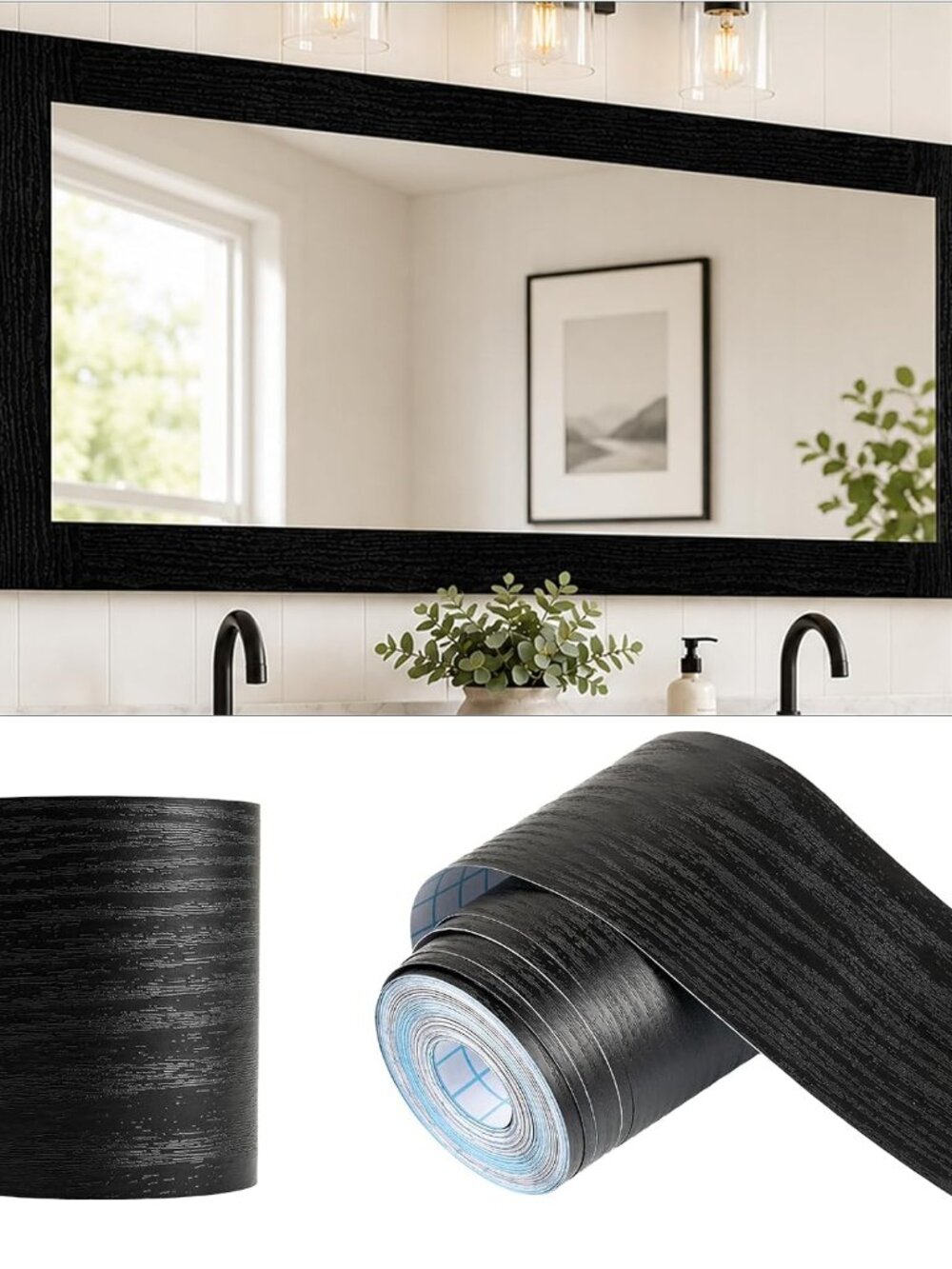 10M Black Mirror Border Peel and Stick, Wood Grain Wallpaper Border